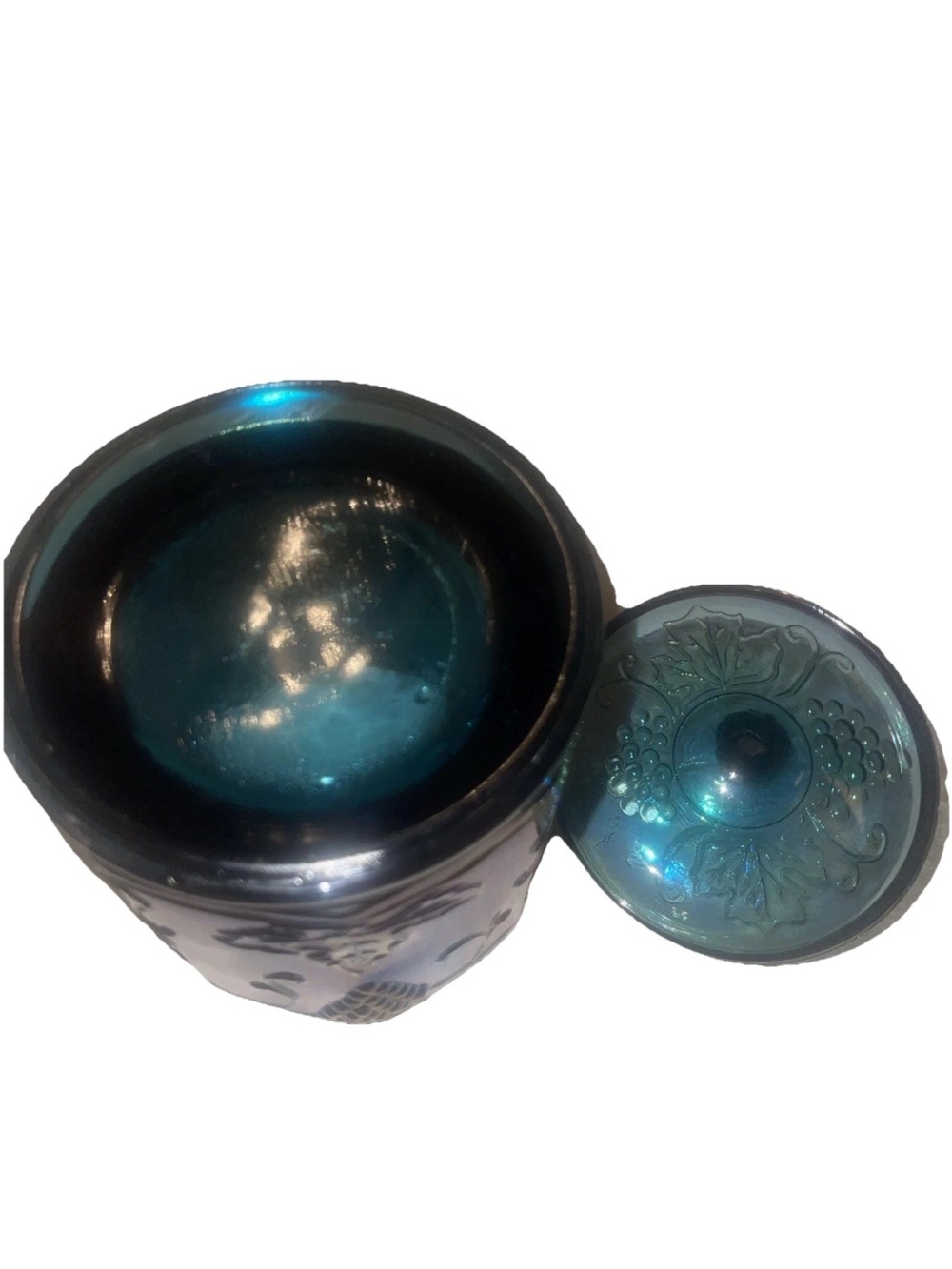 VTG Indiana Blue Carnival Glass Iridescent Harvest Grape Canister Biscuit Jar - Picture 9 of 10